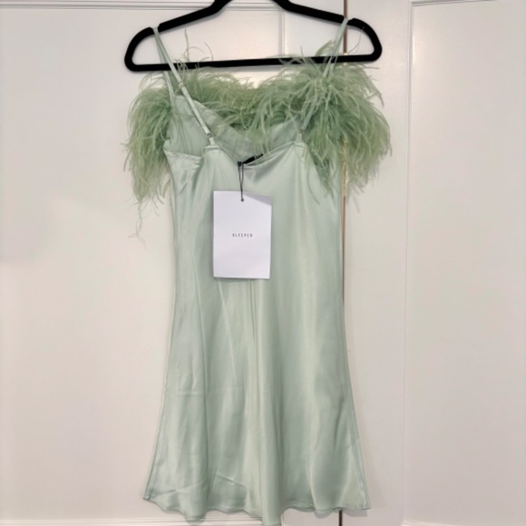 SOLD! Sleeper Boheme Mini Dress with Feathers in Mint. Size XS - Picture 3 of 4